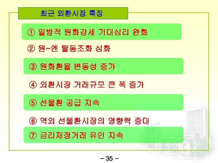최근 외환시장 특징 ① 일방적 원화강세 기대심리 완화 ② 원-엔 탈동조화 심화 ③ 원화환율