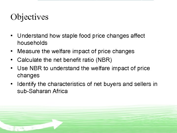 Objectives • Understand how staple food price changes affect households • Measure the welfare