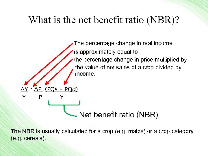 What is the net benefit ratio (NBR)? The percentage change in real income is