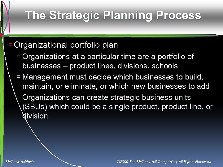 The Strategic Planning Process ù Organizational portfolio plan ù Organizations at a particular time