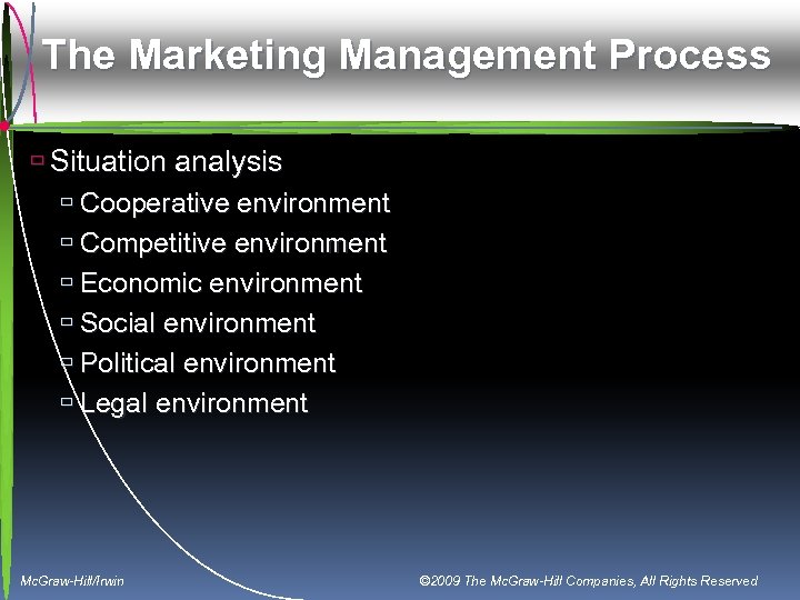 The Marketing Management Process ù Situation analysis ù Cooperative environment ù Competitive environment ù