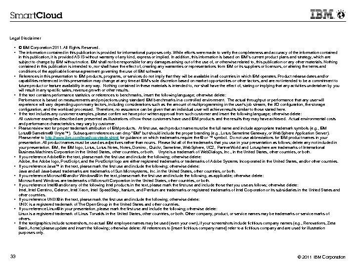 Legal Disclaimer • © IBM Corporation 2011. All Rights Reserved. • The information contained