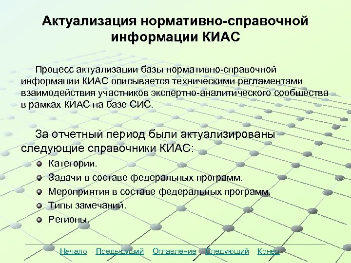 Актуализация нормативно-справочной информации КИАС Процесс актуализации базы нормативно-справочной информации КИАС описывается техническими регламентами взаимодействия