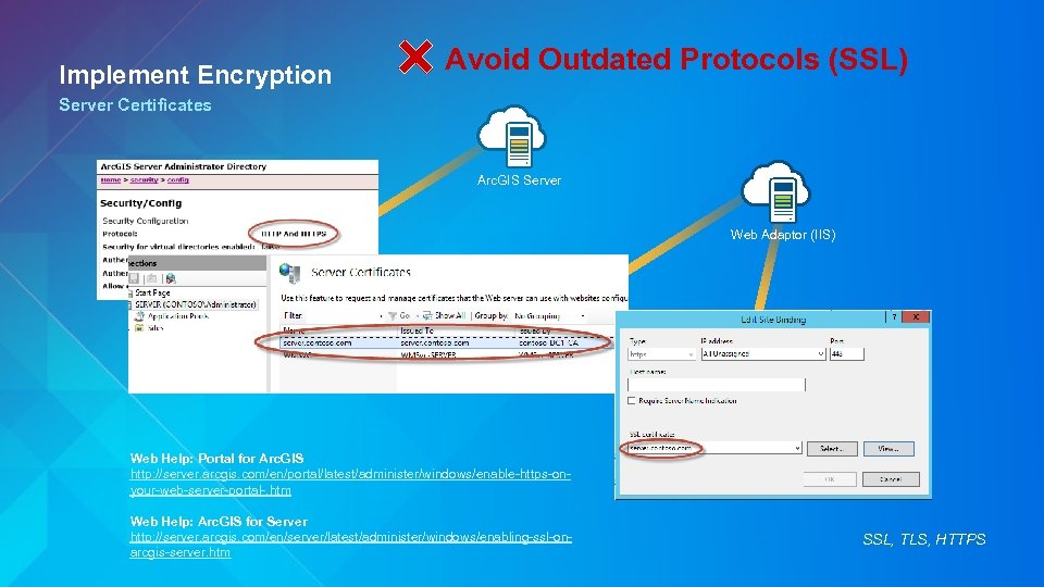 Implement Encryption Avoid Outdated Protocols (SSL) Server Certificates Arc. GIS Server Web Adaptor (IIS)