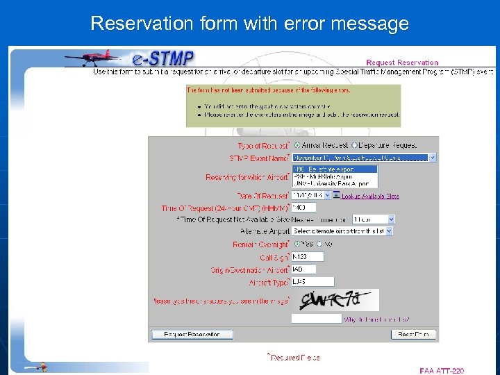 Reservation form with error message 