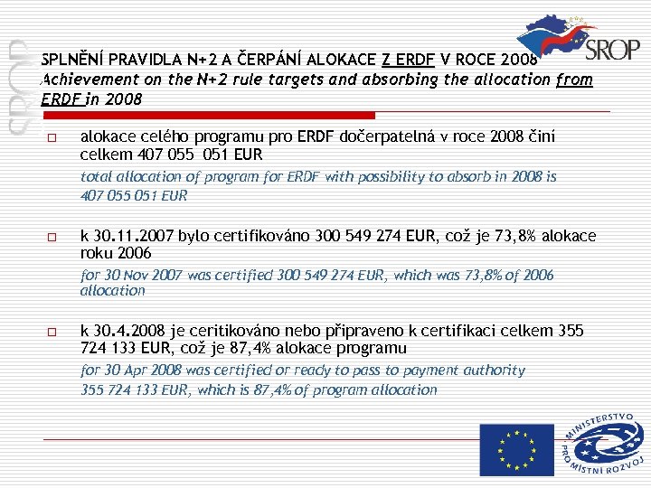 SPLNĚNÍ PRAVIDLA N+2 A ČERPÁNÍ ALOKACE Z ERDF V ROCE 2008 Achievement on the