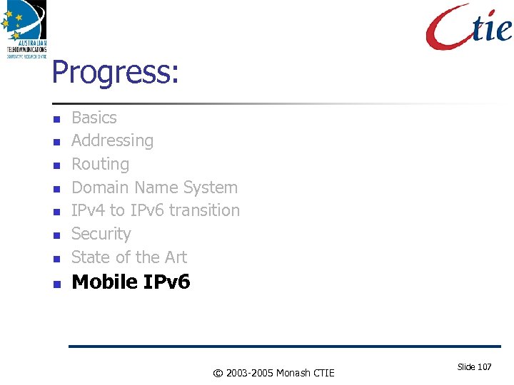 Progress: Basics Addressing Routing Domain Name System IPv 4 to IPv 6 transition Security