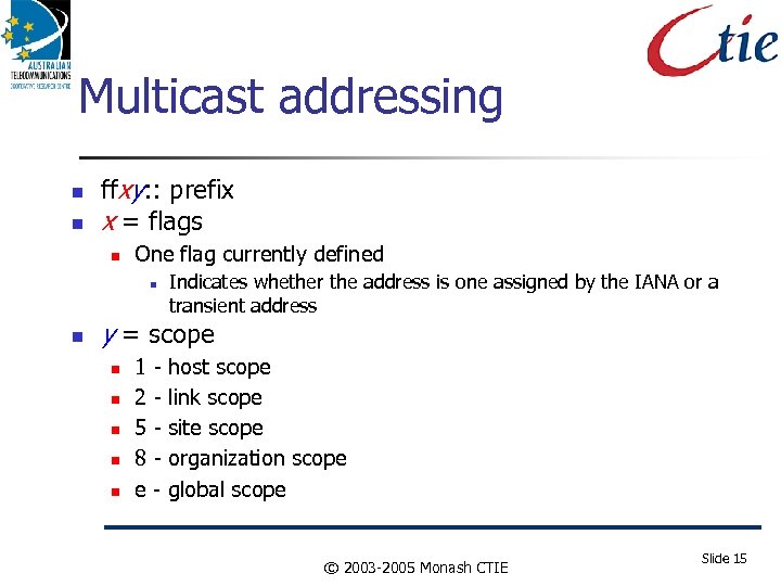 Multicast addressing ffxy: : prefix x = flags One flag currently defined Indicates whether