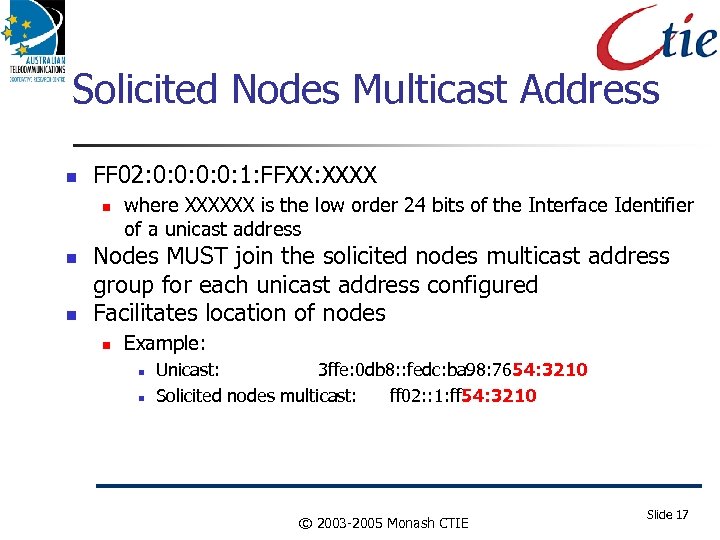 Solicited Nodes Multicast Address FF 02: 0: 0: 1: FFXX: XXXX where XXXXXX is