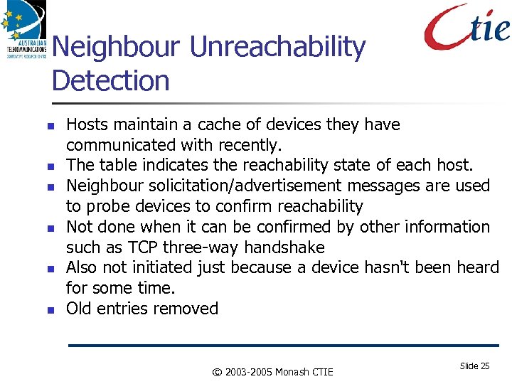 Neighbour Unreachability Detection Hosts maintain a cache of devices they have communicated with recently.