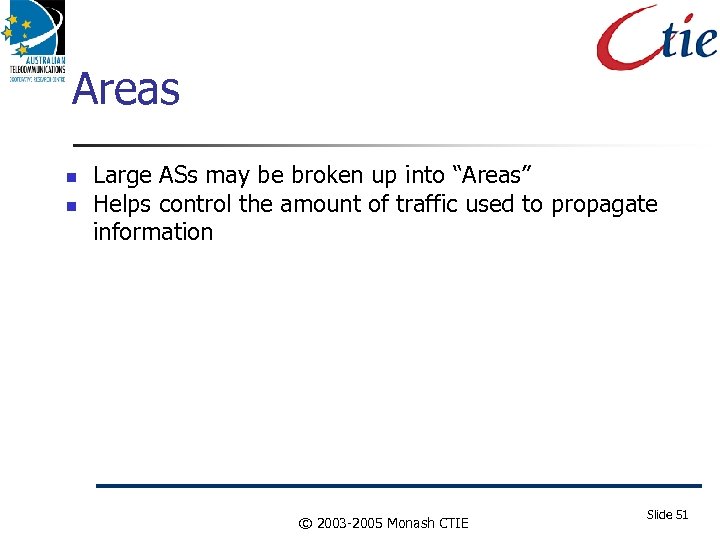 Areas Large ASs may be broken up into “Areas” Helps control the amount of