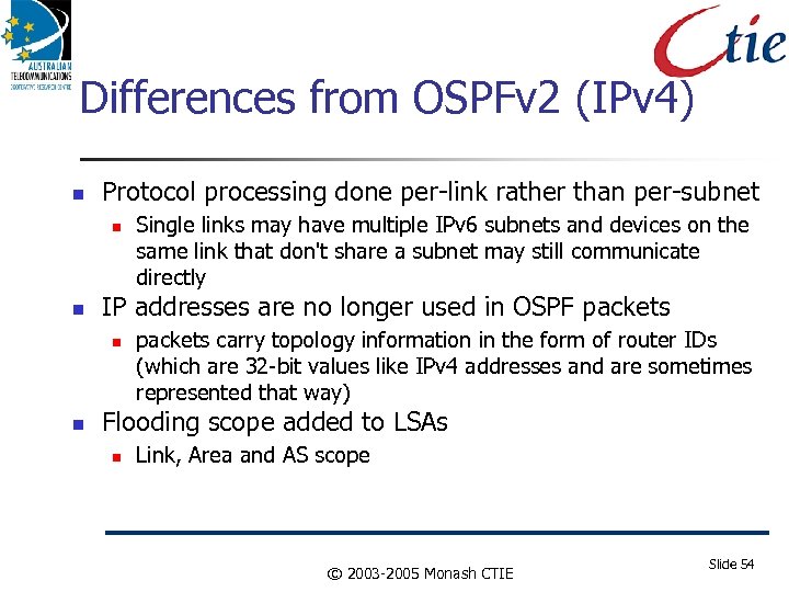 Differences from OSPFv 2 (IPv 4) Protocol processing done per-link rather than per-subnet IP