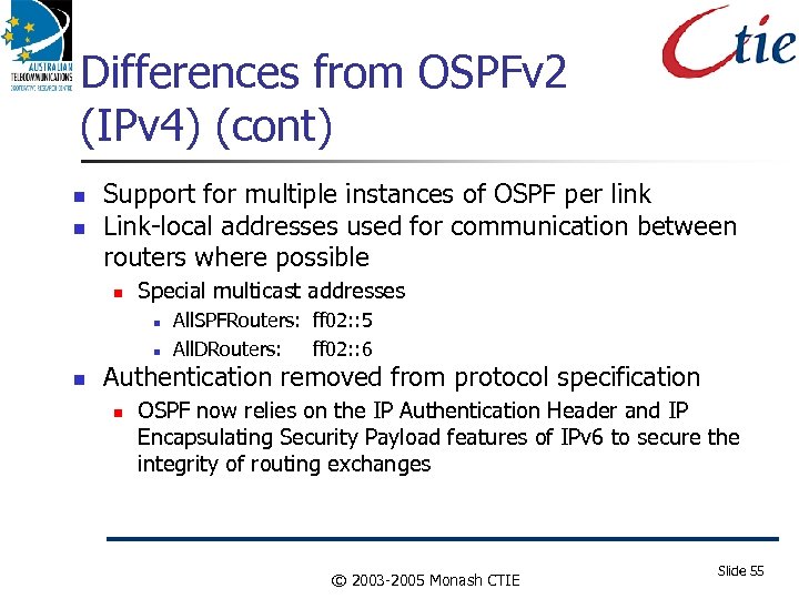 Differences from OSPFv 2 (IPv 4) (cont) Support for multiple instances of OSPF per