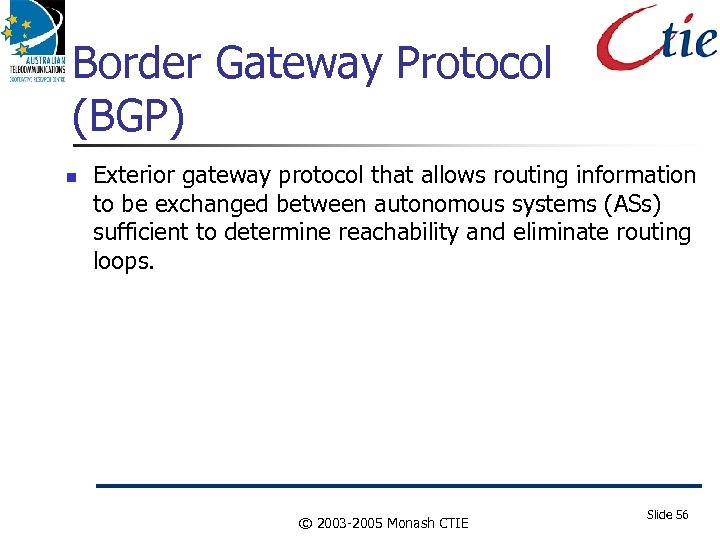 Border Gateway Protocol (BGP) Exterior gateway protocol that allows routing information to be exchanged