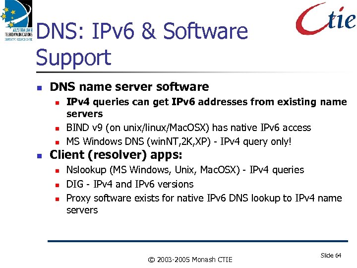 DNS: IPv 6 & Software Support DNS name server software IPv 4 queries can