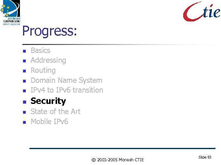 Progress: Basics Addressing Routing Domain Name System IPv 4 to IPv 6 transition Security