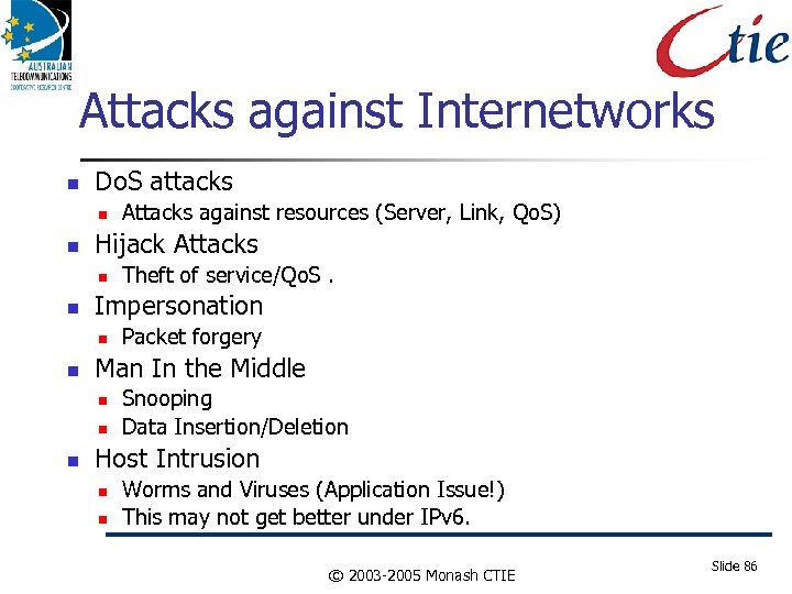 Attacks against Internetworks Do. S attacks Hijack Attacks Packet forgery Man In the Middle