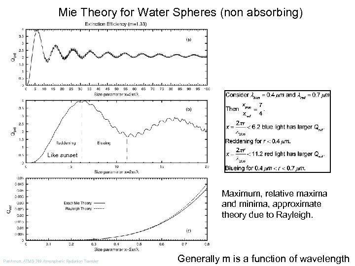 Mie Theory for Water Spheres (non absorbing) Like sunset Maximum, relative maxima and minima,