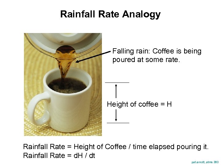 Rainfall Rate Analogy Falling rain: Coffee is being poured at some rate. Height of