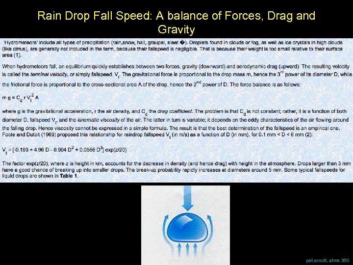 Rain Drop Fall Speed: A balance of Forces, Drag and Gravity pat arnott, atms