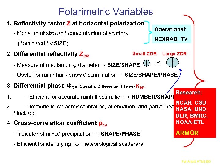 Polarimetric Variables 1. Reflectivity factor Z at horizontal polarization - Measure of size and