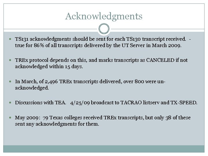 Acknowledgments TS 131 acknowledgments should be sent for each TS 130 transcript received. -