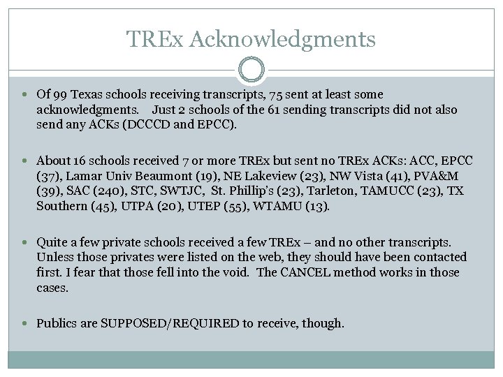 TREx Acknowledgments Of 99 Texas schools receiving transcripts, 75 sent at least some acknowledgments.