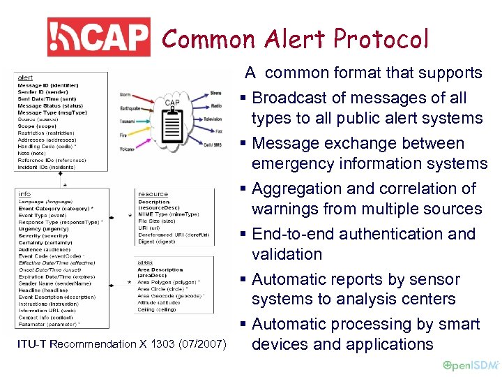 Common Alert Protocol A common format that supports § Broadcast of messages of all