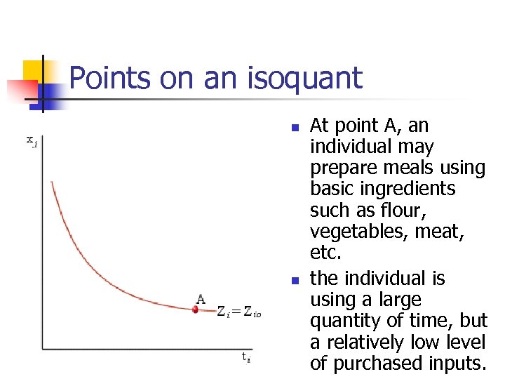 Points on an isoquant n n At point A, an individual may prepare meals