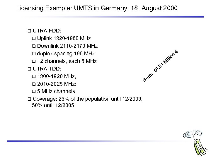 Licensing Example: UMTS in Germany, 18. August 2000 UTRA-FDD: q Uplink 1920 -1980 MHz