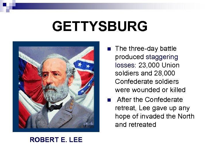 GETTYSBURG n n ROBERT E. LEE The three-day battle produced staggering losses: 23, 000