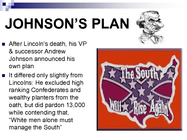 JOHNSON’S PLAN n n After Lincoln’s death, his VP & successor Andrew Johnson announced