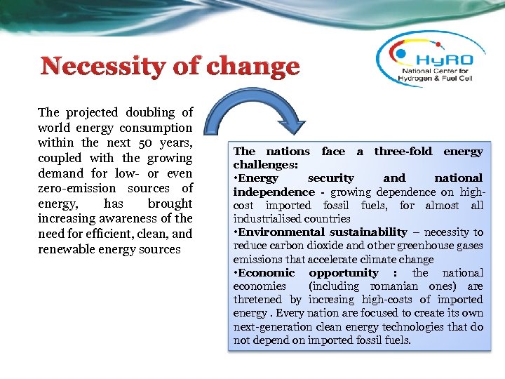 Necessity of change The projected doubling of world energy consumption within the next 50