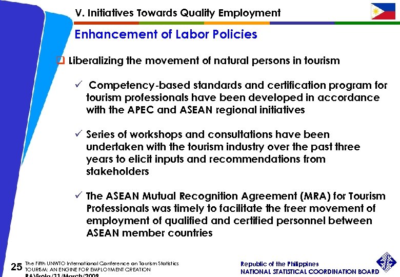 V. Initiatives Towards Quality Employment Enhancement of Labor Policies q Liberalizing the movement of