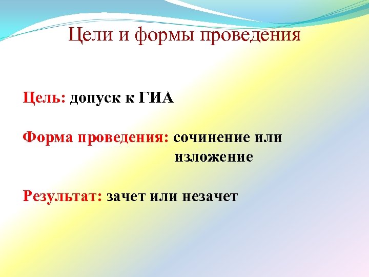 Цели и формы проведения Цель: допуск к ГИА Форма проведения: сочинение или изложение Результат: