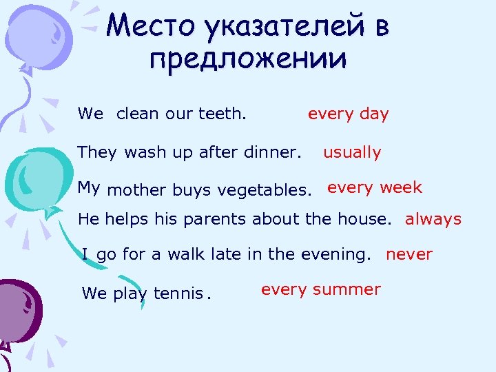 Место указателей в предложении We clean our teeth. every day They wash up after