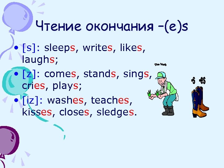 Чтение окончания –(e)s • [s]: sleeps, writes, likes, laughs; • [z]: comes, stands, sings,