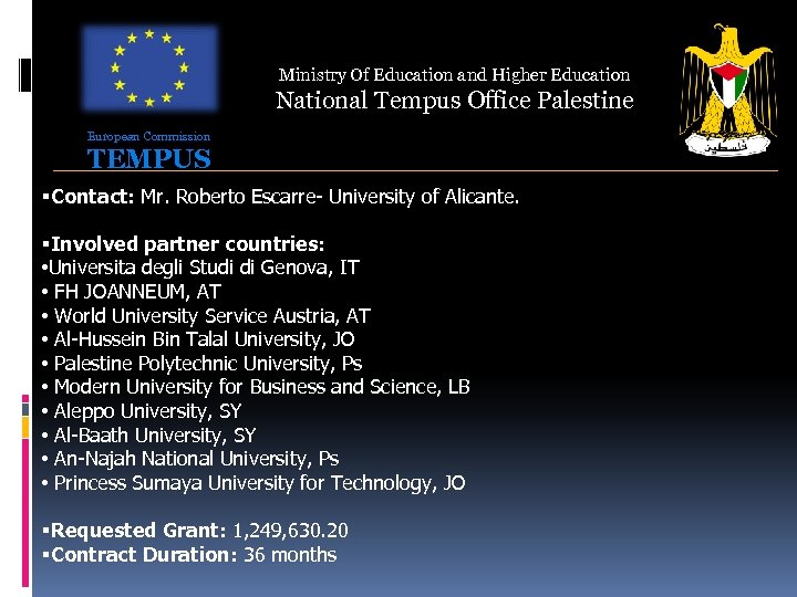 Ministry Of Education and Higher Education National Tempus Office Palestine European Commission TEMPUS Contact: