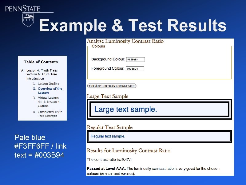Example & Test Results Pale blue #F 3 FF 6 FF / link text