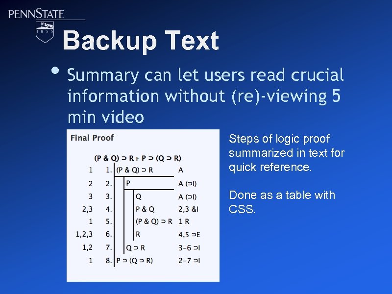 Backup Text • Summary can let users read crucial information without (re)-viewing 5 min
