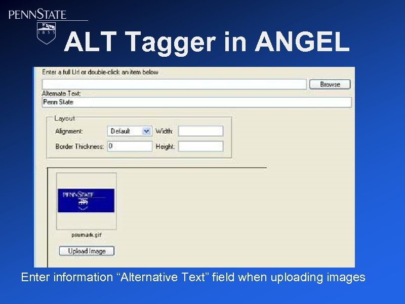 ALT Tagger in ANGEL Enter information “Alternative Text” field when uploading images 