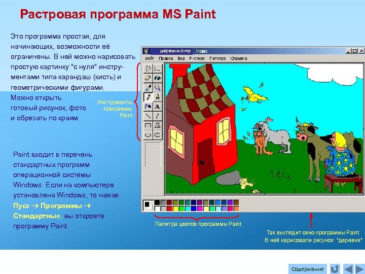 Растровая программа MS Paint Это программа простая, для начинающих, возможности её ограничены. В ней