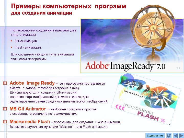 Примеры компьютерных программ для создания анимации По технологии создания выделяют два типа анимации: §