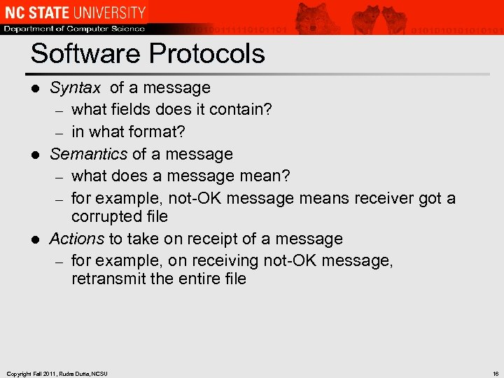 Software Protocols Syntax of a message – what fields does it contain? – in