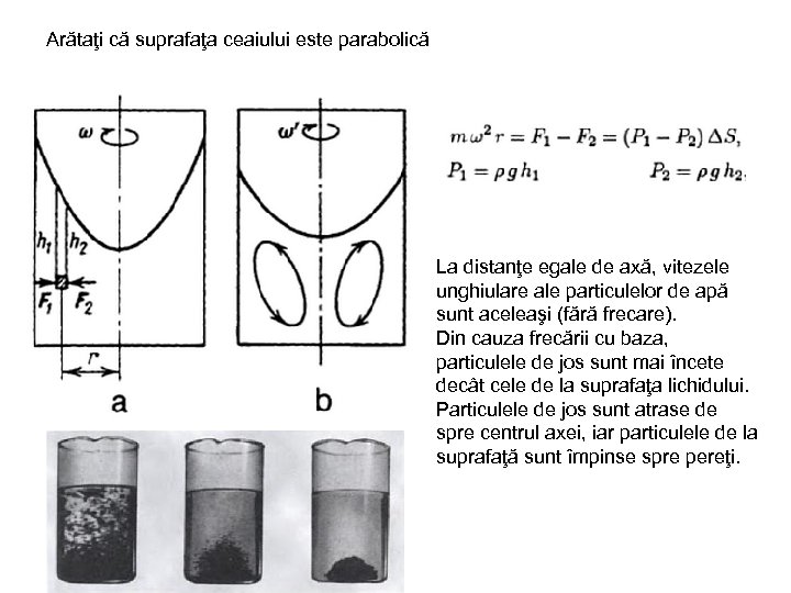 Arătaţi că suprafaţa ceaiului este parabolică La distanţe egale de axă, vitezele unghiulare ale