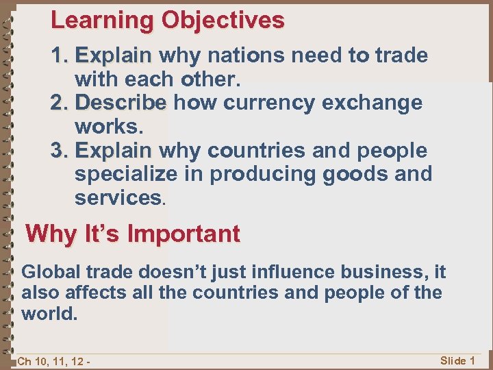 Learning Objectives 1. Explain why nations need to trade with each other. 2. Describe
