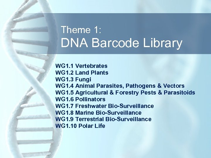 Theme 1: DNA Barcode Library WG 1. 1 Vertebrates WG 1. 2 Land Plants
