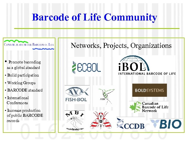 Barcode of Life Community Networks, Projects, Organizations • Promote barcoding as a global standard