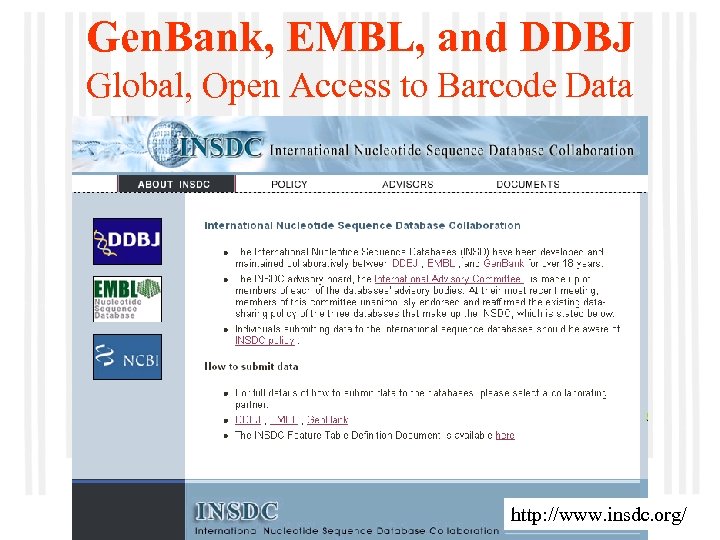 Gen. Bank, EMBL, and DDBJ Global, Open Access to Barcode Data NBII, 25 February