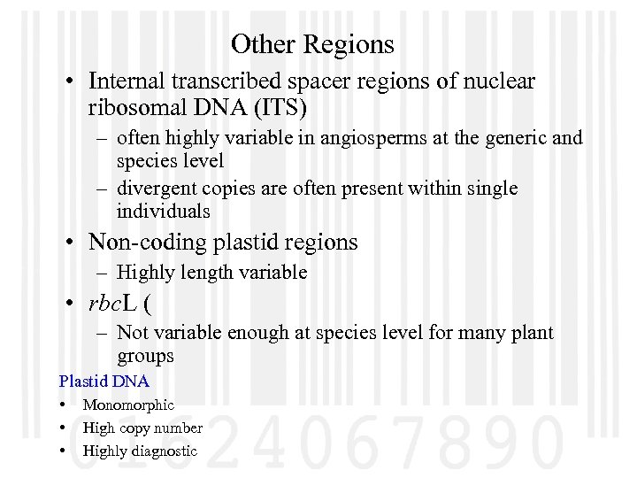 Other Regions • Internal transcribed spacer regions of nuclear ribosomal DNA (ITS) – often